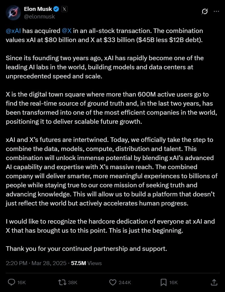Screenshot of Elon Musk's post about how xAI acquired X